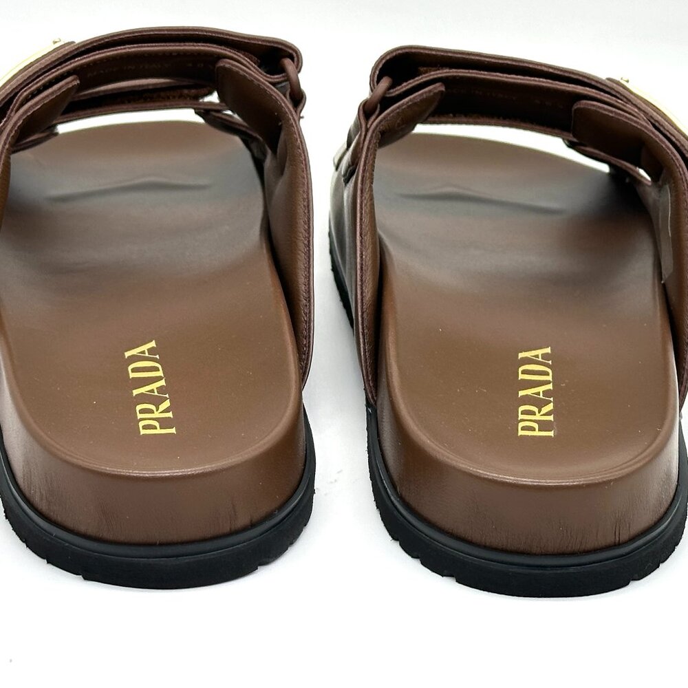 PRADA Triangle Logo Double Band Leather Flat Slide Dad Sandals Shoes Cacao - Picture 13 of 16